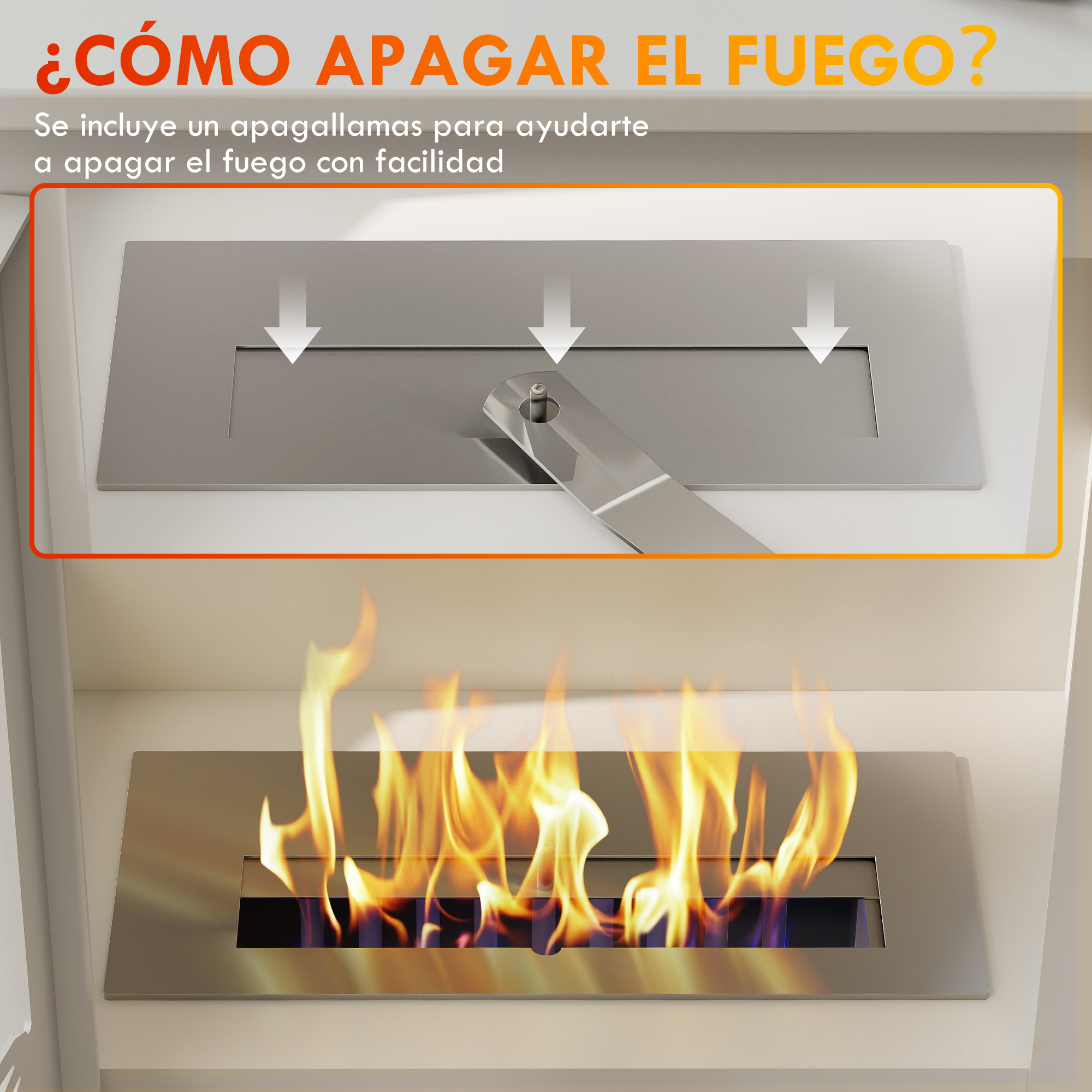 Imagen instructiva que muestra una herramienta metálica cubriendo una chimenea para apagar las llamas.