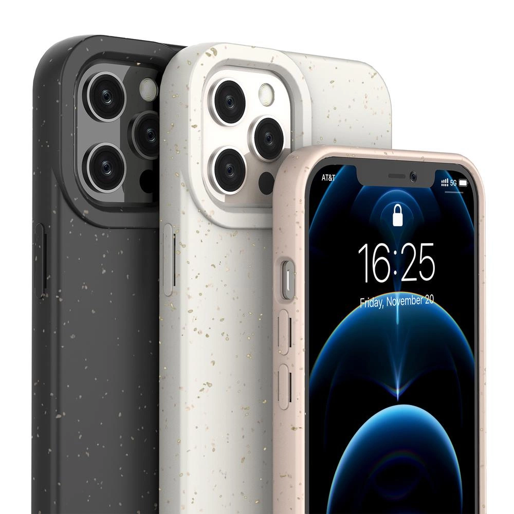 Tre smartphone con custodie screziate in nero, bianco e rosa sono mostrati su sfondo bianco.