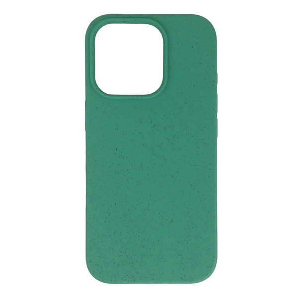 Una custodia per smartphone verde tinta unita con un ritaglio quadrato per la fotocamera su sfondo bianco.
