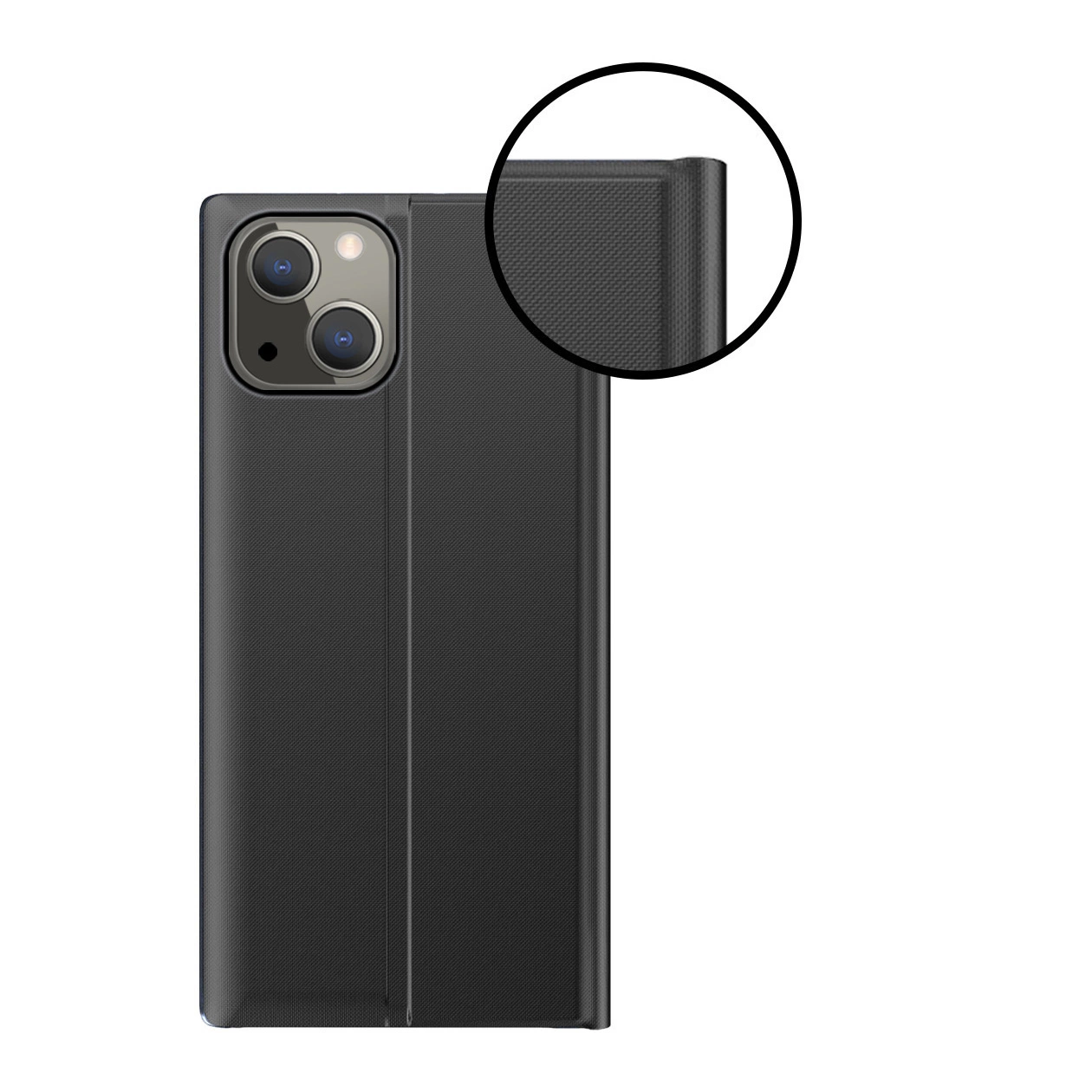 Una custodia nera testurizzata per smartphone con ritaglio per fotocamera e inserto circolare ingrandito della texture.