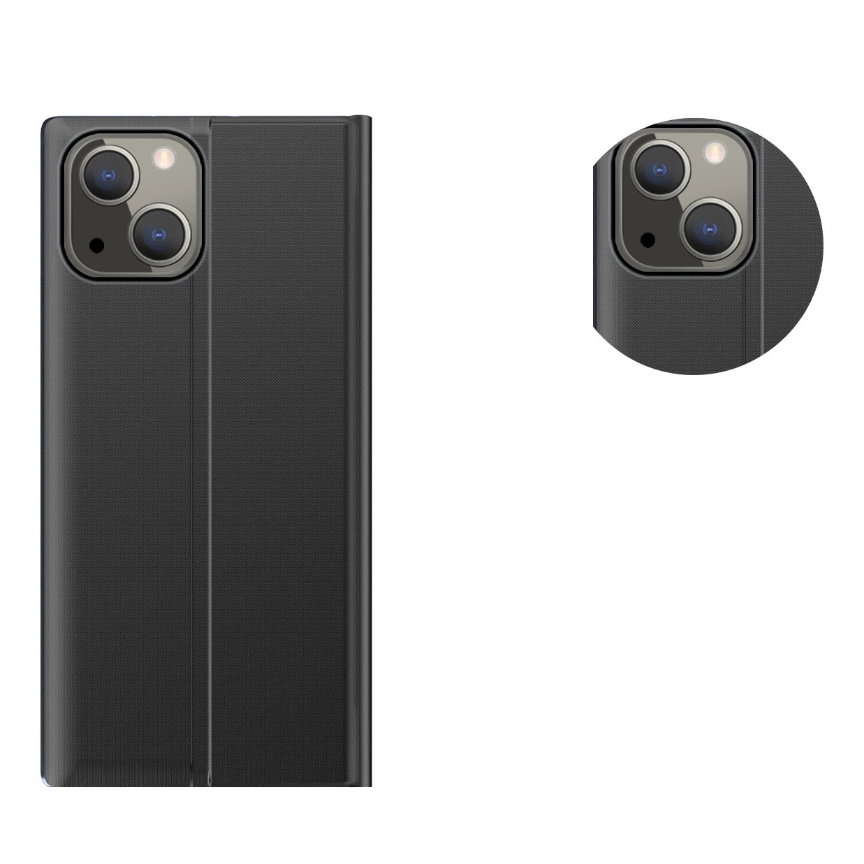 Custodia per smartphone nera con doppia fotocamera e zoom.