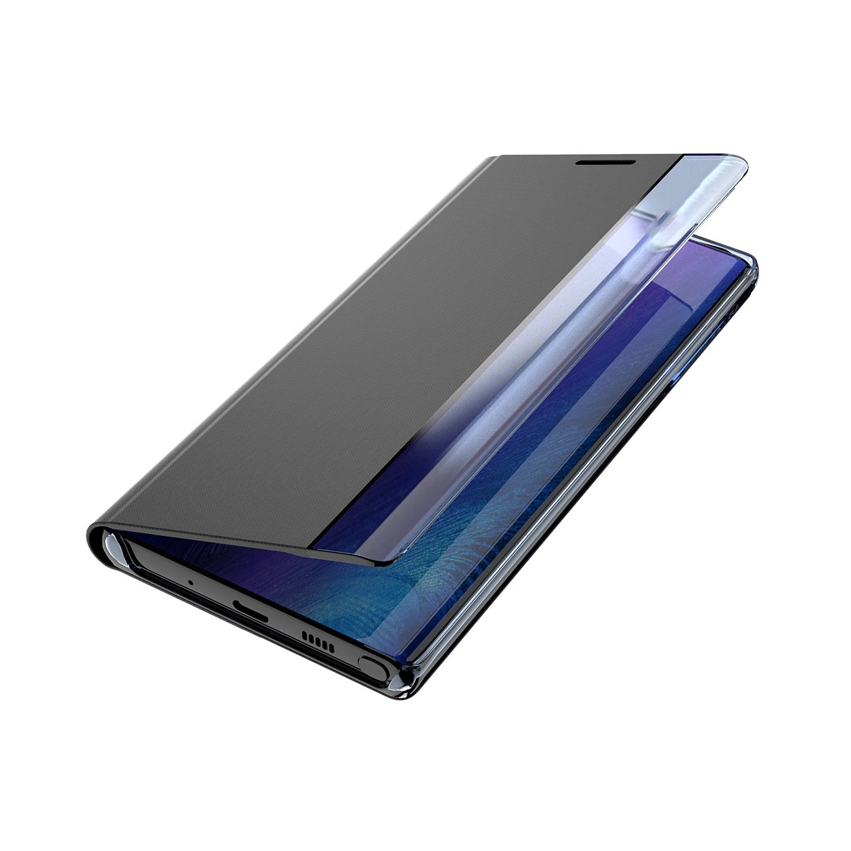 Uno smartphone nero con una custodia a libro riflettente a metà aperta su sfondo bianco.