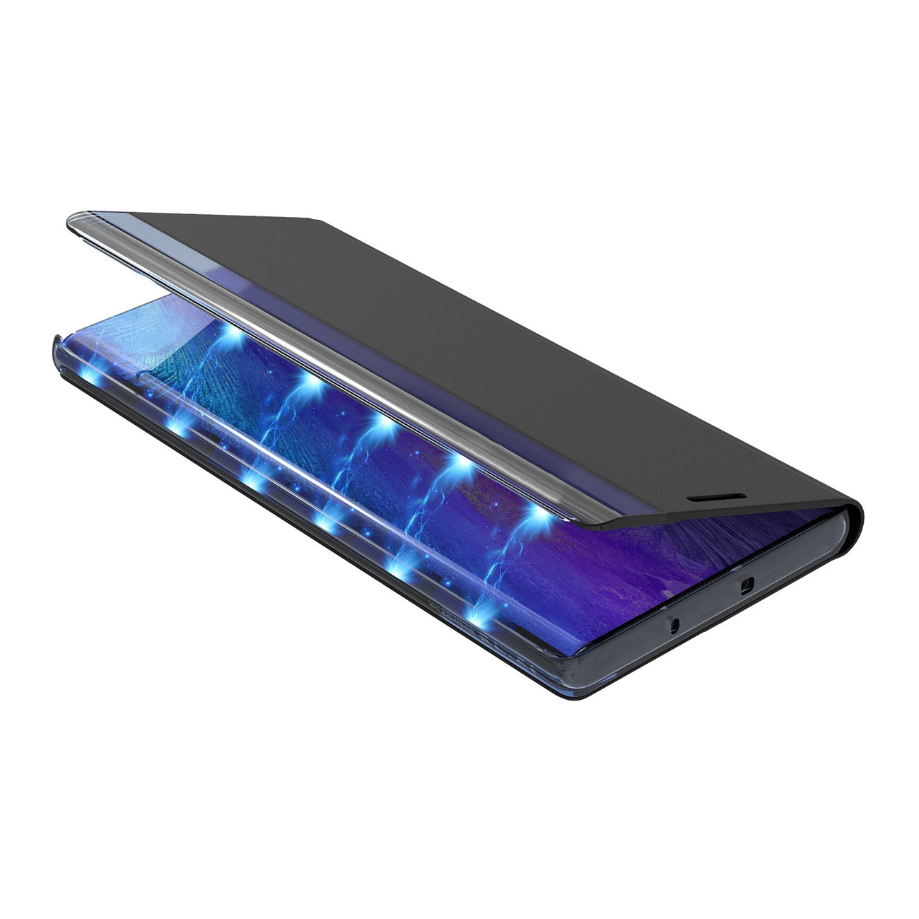 Uno smartphone nero con una custodia a libro parzialmente aperta mostra uno schermo blu con effetti di luce.