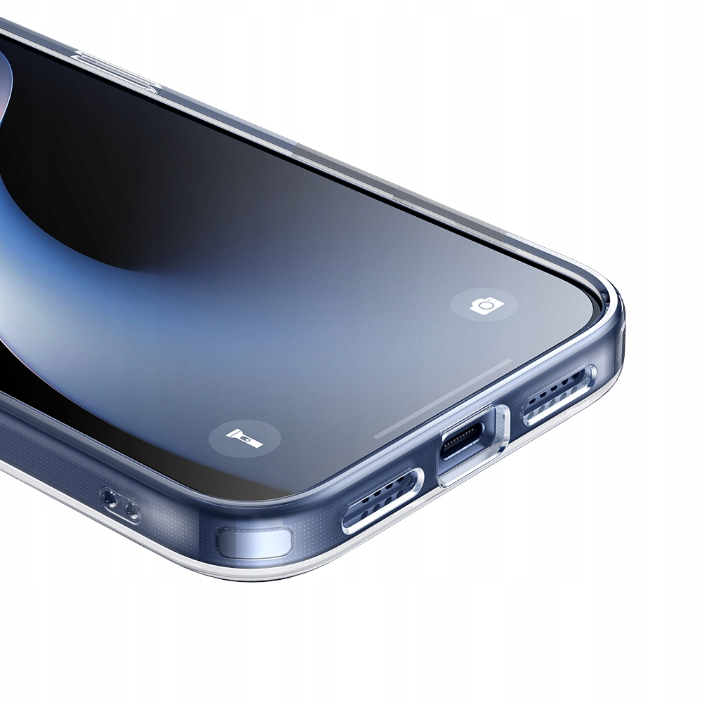 Uno smartphone in una custodia protettiva trasparente, primo piano della parte inferiore con porta e altoparlanti.