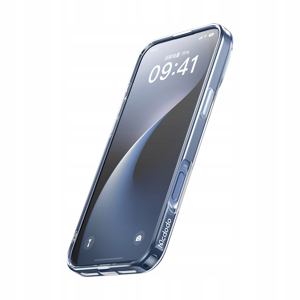 Uno smartphone con custodia protettiva trasparente mostra le 09:41 sullo schermo su sfondo bianco.
