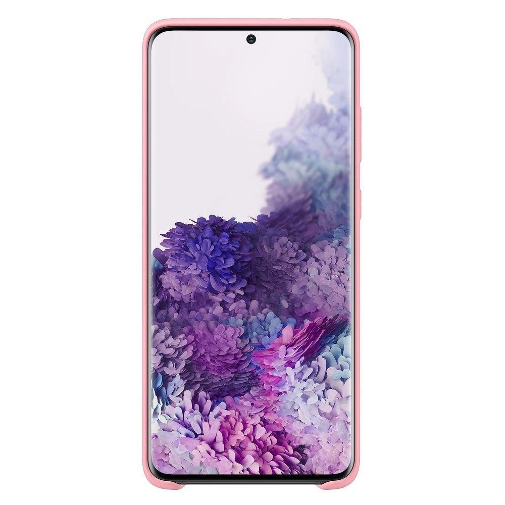 Uno smartphone rosa con uno sfondo floreale viola sullo schermo su sfondo bianco.