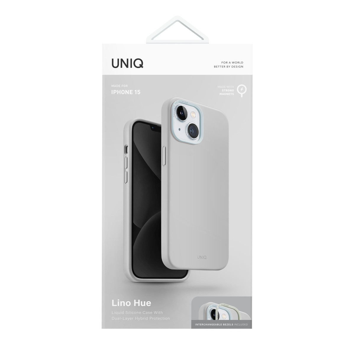 Uniq Lino Hue iPhone 15 silikon kilif icin beyaz Urun kutusu, gri kilifin on ve arka gorunumlerini gosteriyor.