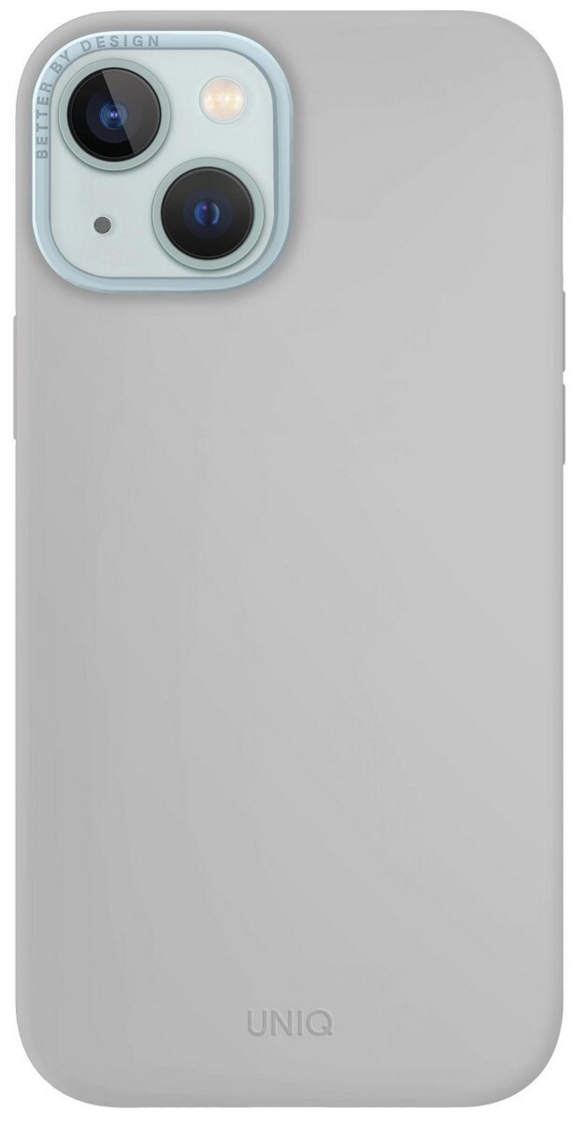 Kamera kesikli ve Uniq logolu gri akıllı telefon kılıfı.