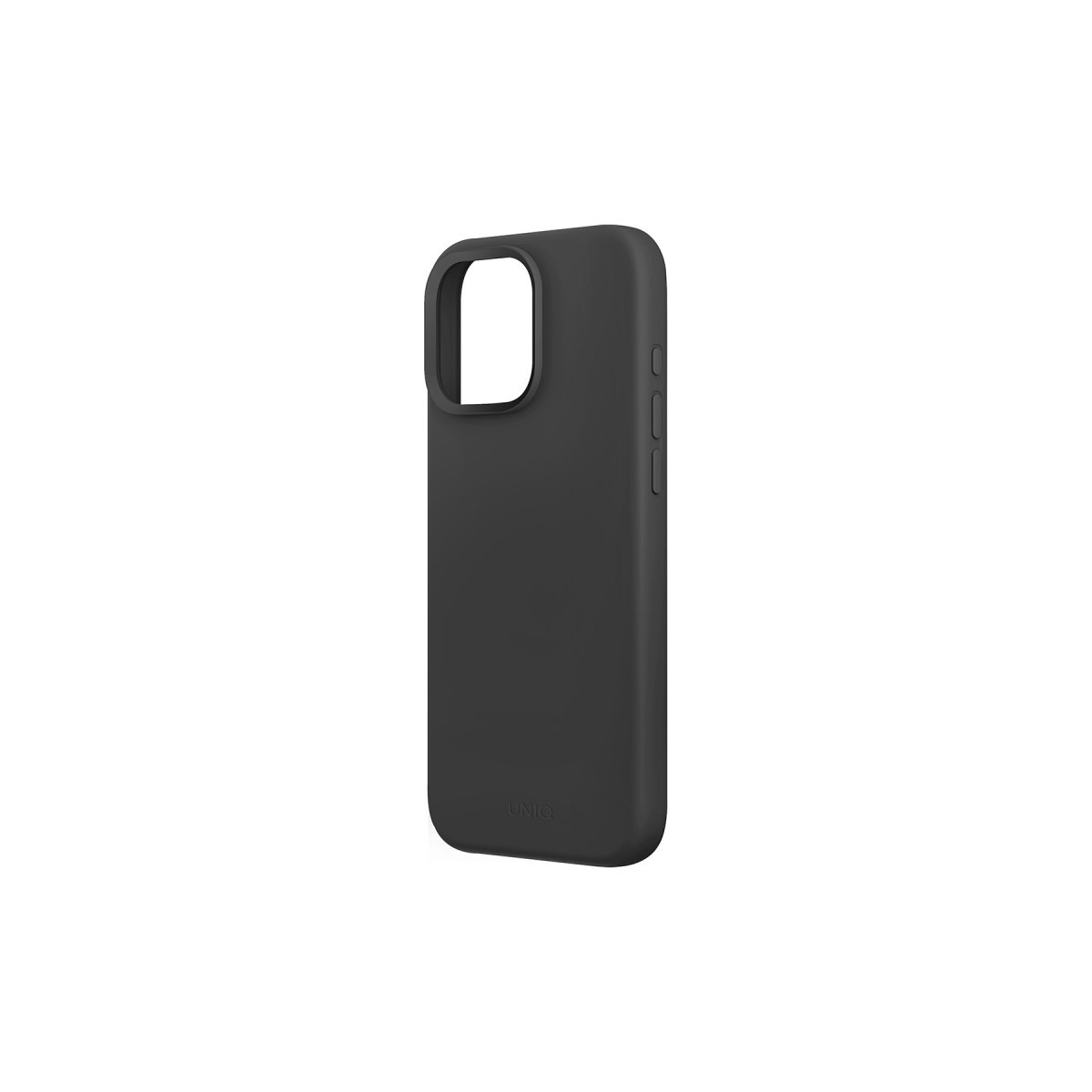 Beyaz arka planda kamera kesikli ve düğmeli mat siyah akıllı telefon kılıfı.
