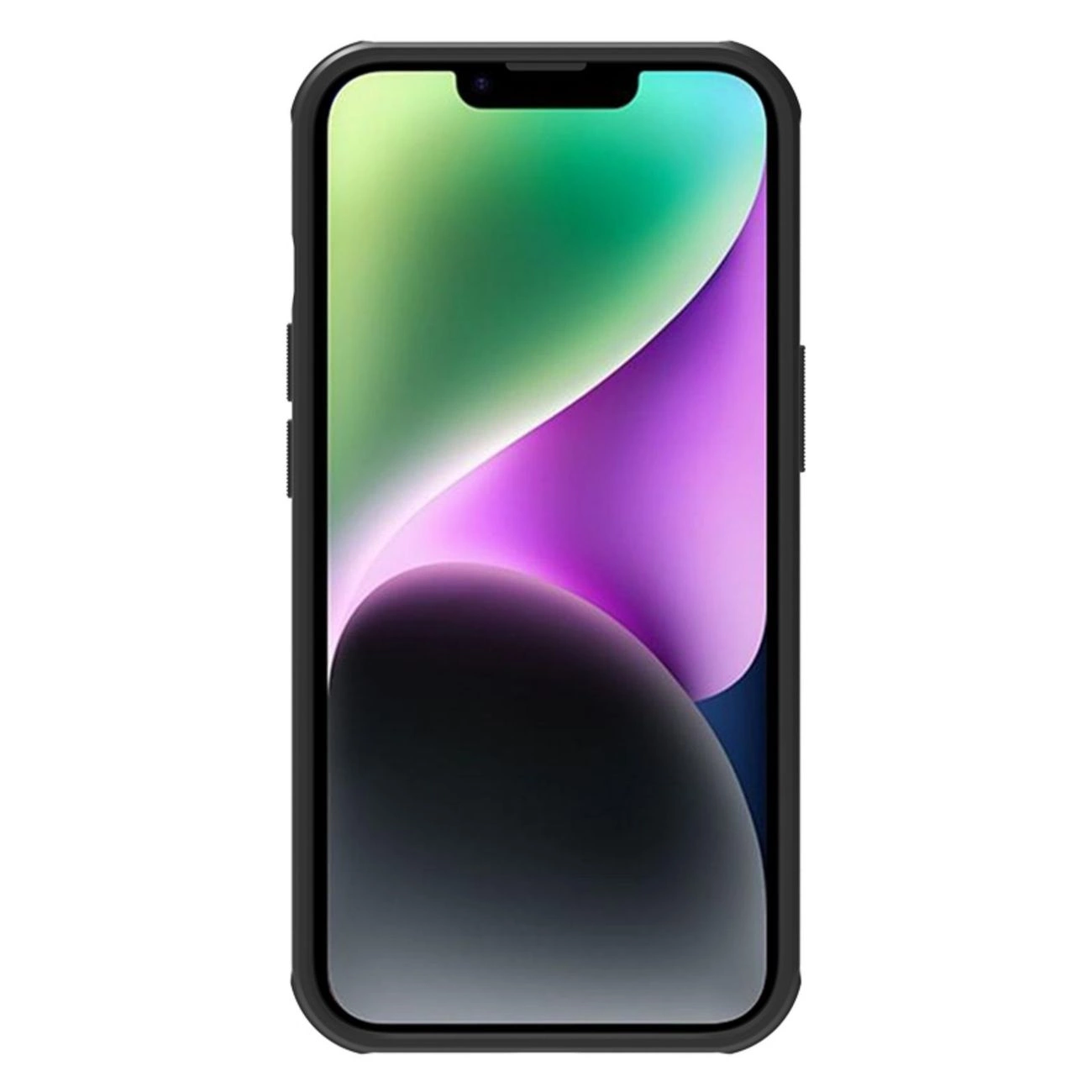 Uno smartphone nero con grafica di sfondo colorata e una custodia protettiva.