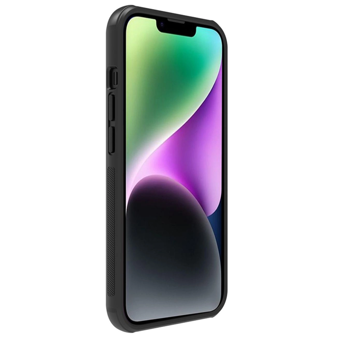 Uno smartphone nero con custodia protettiva mostra uno sfondo astratto verde e viola sullo schermo.