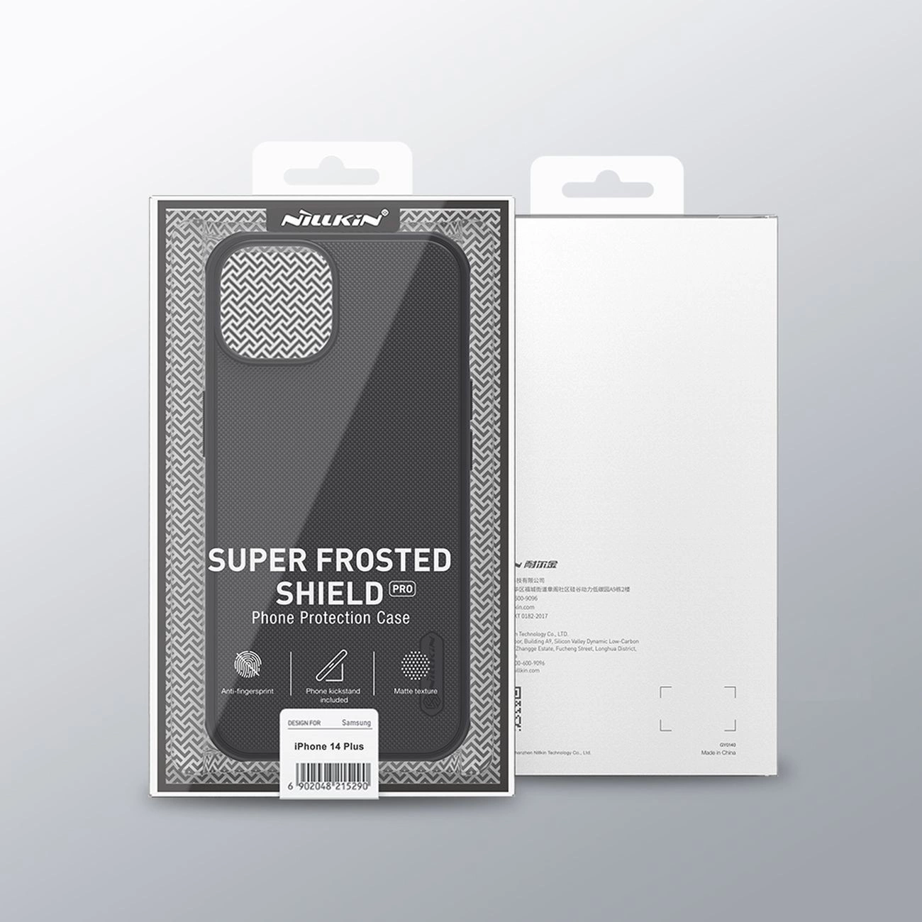 Confezione per custodia Nillkin Super Frosted Shield Pro per iPhone 14 Plus con texture e icone.