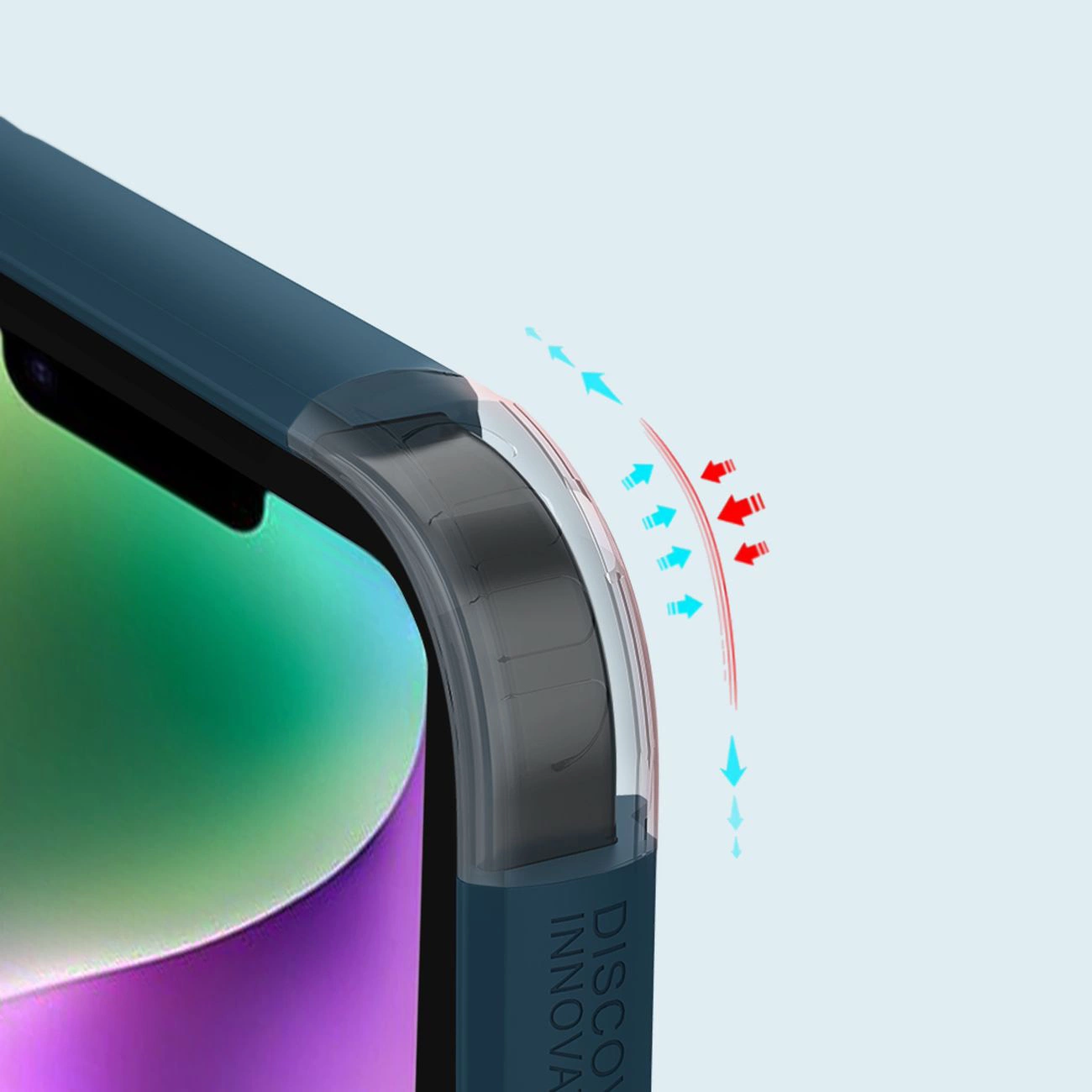 Primo piano dell'angolo di uno smartphone in una custodia blu con frecce rosse e blu che indicano il flusso d'aria.