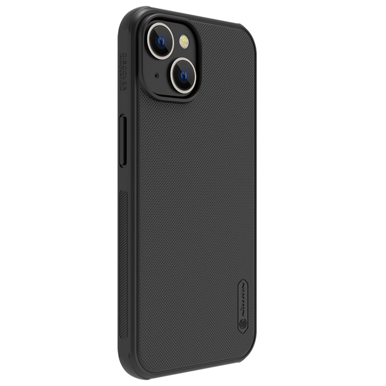 Una cover per smartphone nera testurizzata con doppia fotocamera sul retro e bordi laterali antiscivolo.