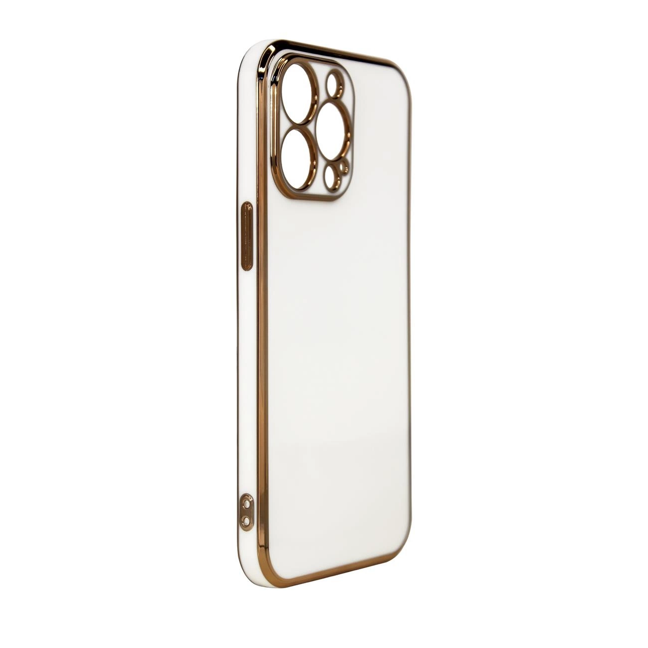 Una custodia per telefono bianca con bordo dorato lucido e ritaglio per fotocamera.