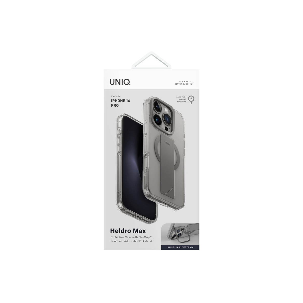Confezione per custodia protettiva UNIQ Heldro Max per iPhone 16 Pro, con custodia trasparente e supporto.