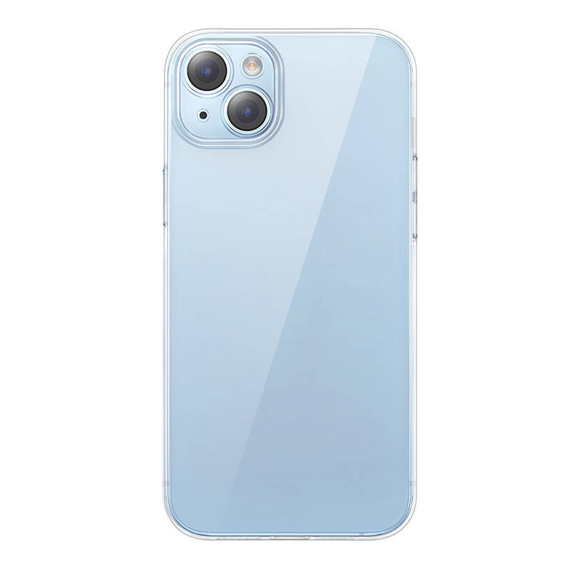 Retro di uno smartphone azzurro in una custodia protettiva trasparente con due fotocamere.