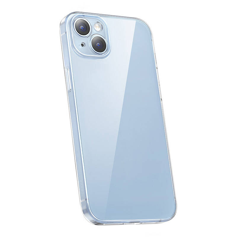 Uno smartphone azzurro in una custodia protettiva trasparente su sfondo bianco.