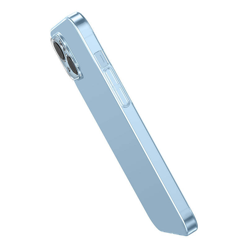 Uno smartphone azzurro con cover trasparente, tasti laterali e due fotocamere posteriori.