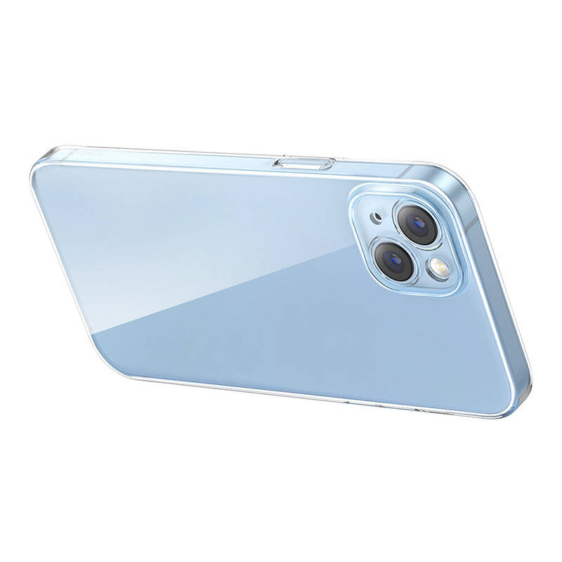 Uno smartphone azzurro in una custodia protettiva trasparente su sfondo bianco.