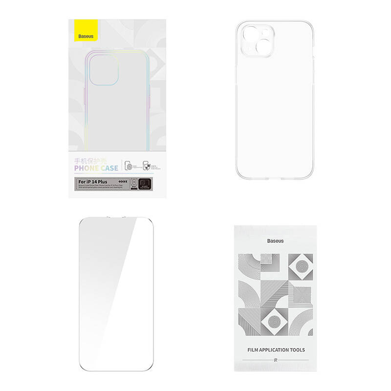 Custodia per telefono Baseus iPhone 14 Plus con confezione, pellicola protettiva e strumenti su sfondo bianco.