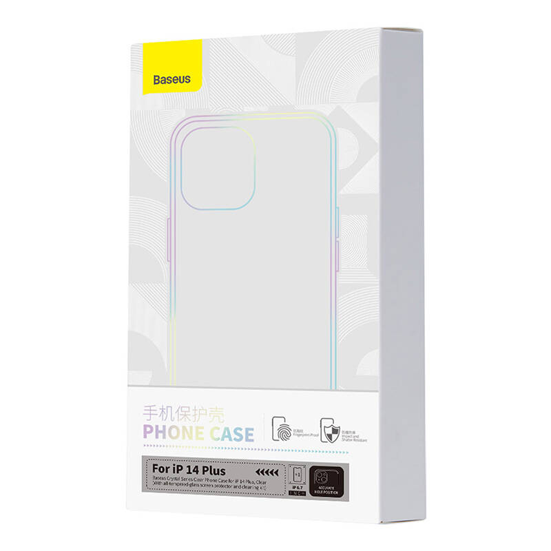 Scatola bianca Baseus per cover iPhone 14 Plus con contorni colorati.