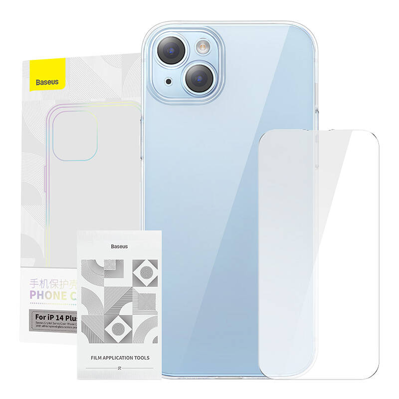 Una custodia trasparente per iPhone 14 Plus, pellicola e strumenti.