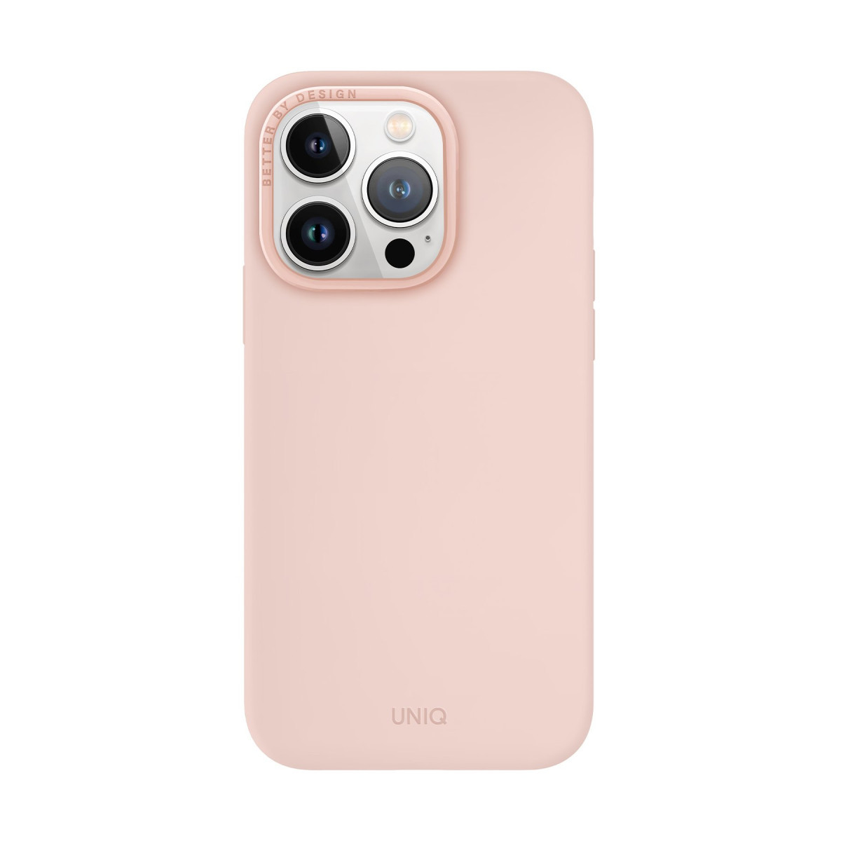 Üçlü kamera kurulumuna ve UNIQ yazısına sahip açık pembe akıllı telefon kılıfı.