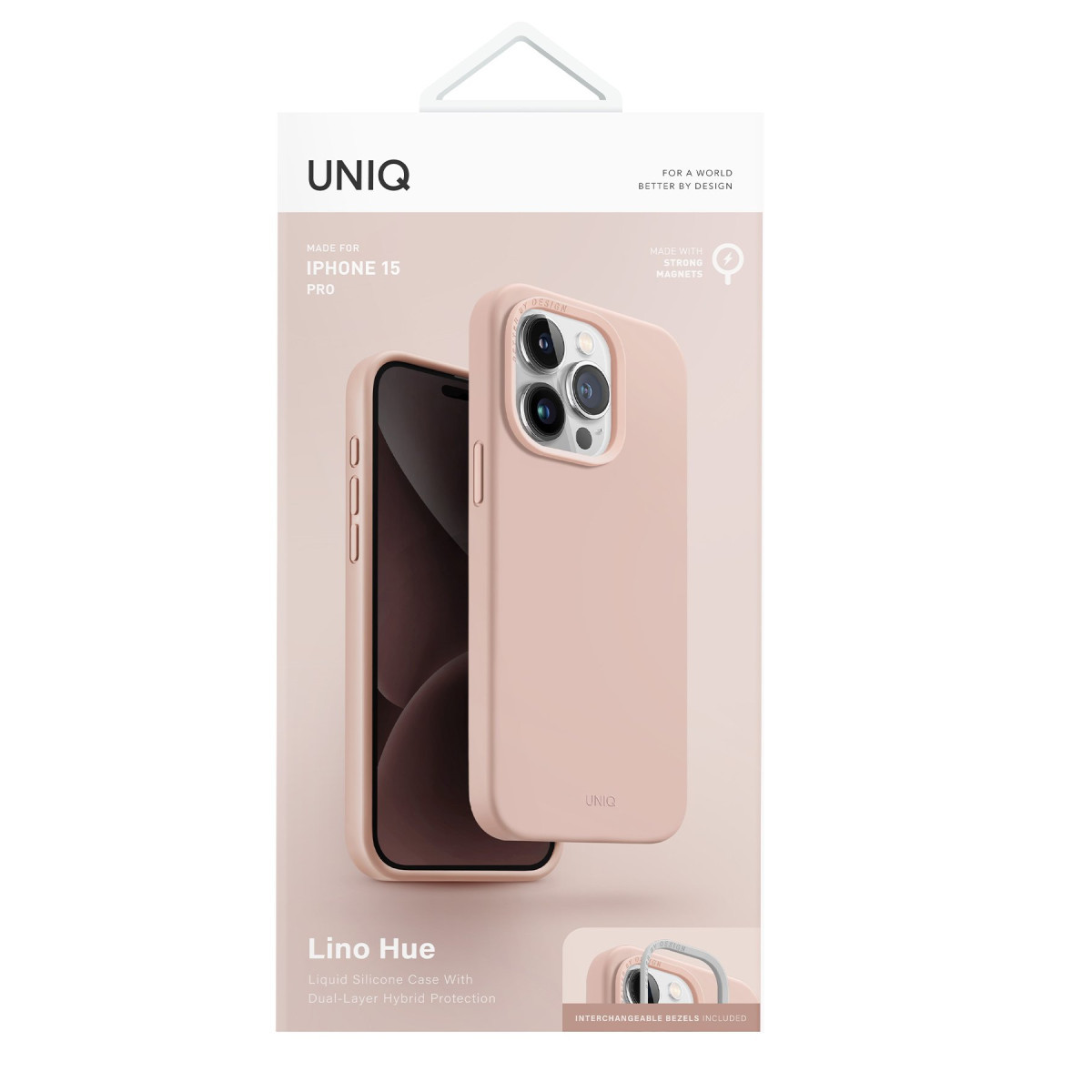 UNIQ markalı pembe iPhone 15 Pro silikon kılıf ve değiştirilebilir çerçeveler içeren ambalaj.