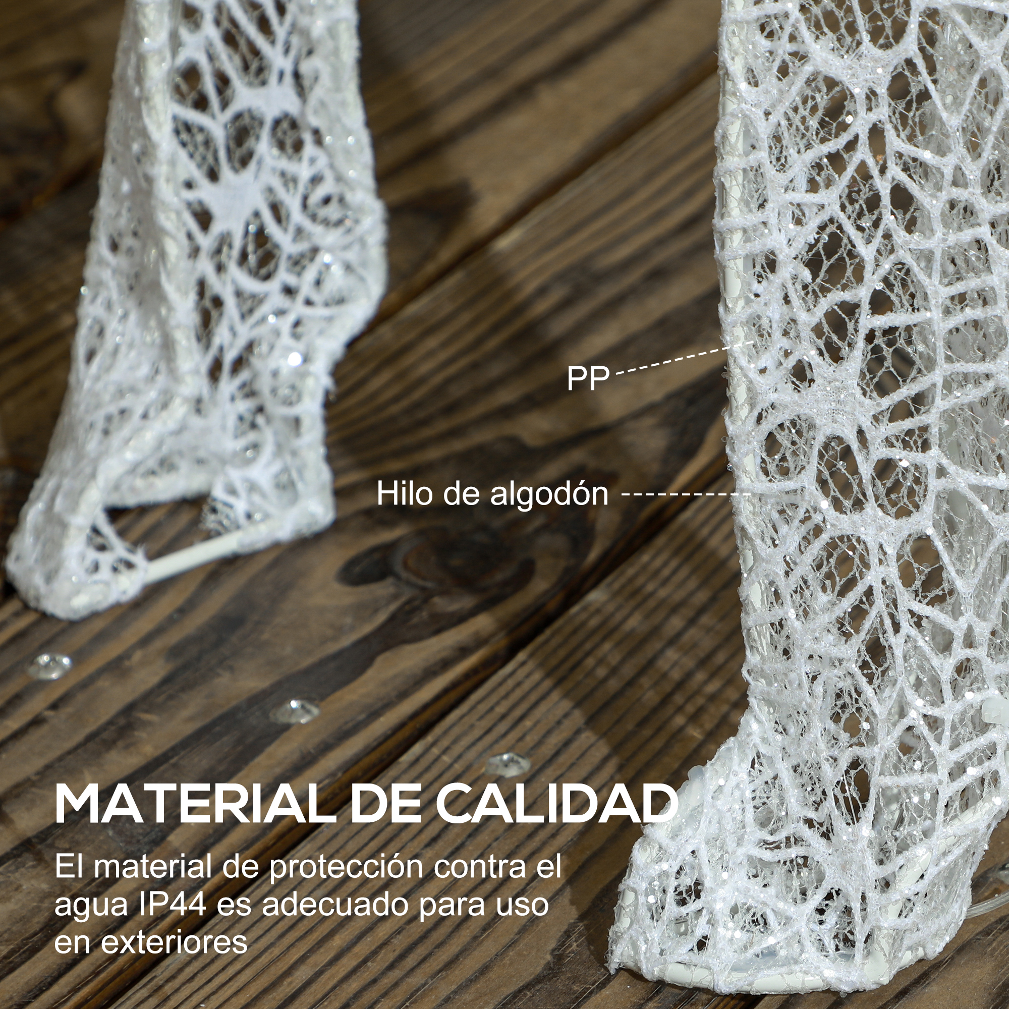 Primer plano de tela de encaje blanca sobre superficie de madera con texto sobre calidad impermeable.
