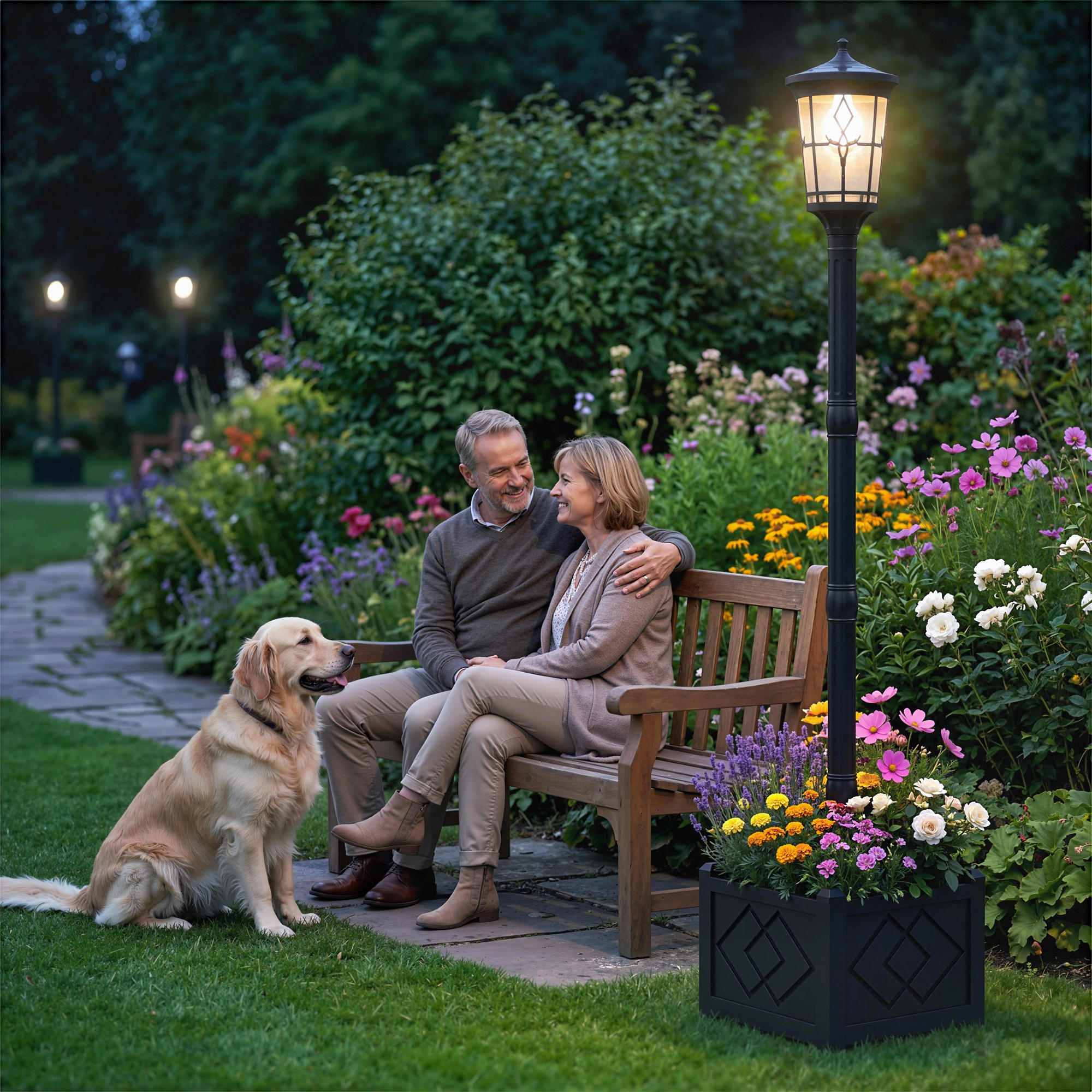 Pareja mayor sentada feliz en un banco de jardín con perro y flores.