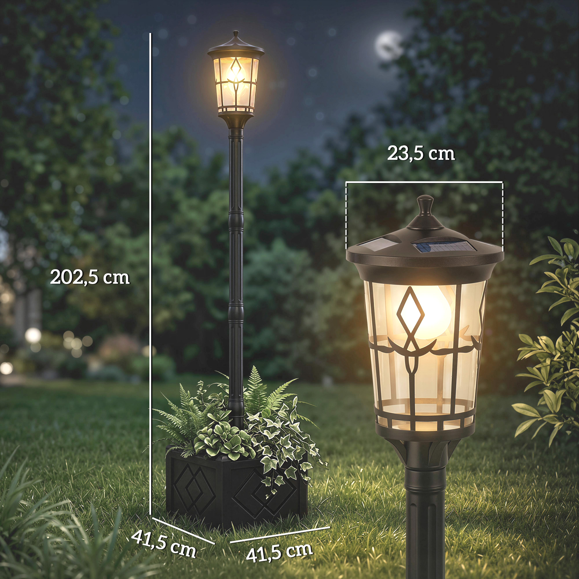 Farola solar de jardín con dimensiones mostradas de noche.