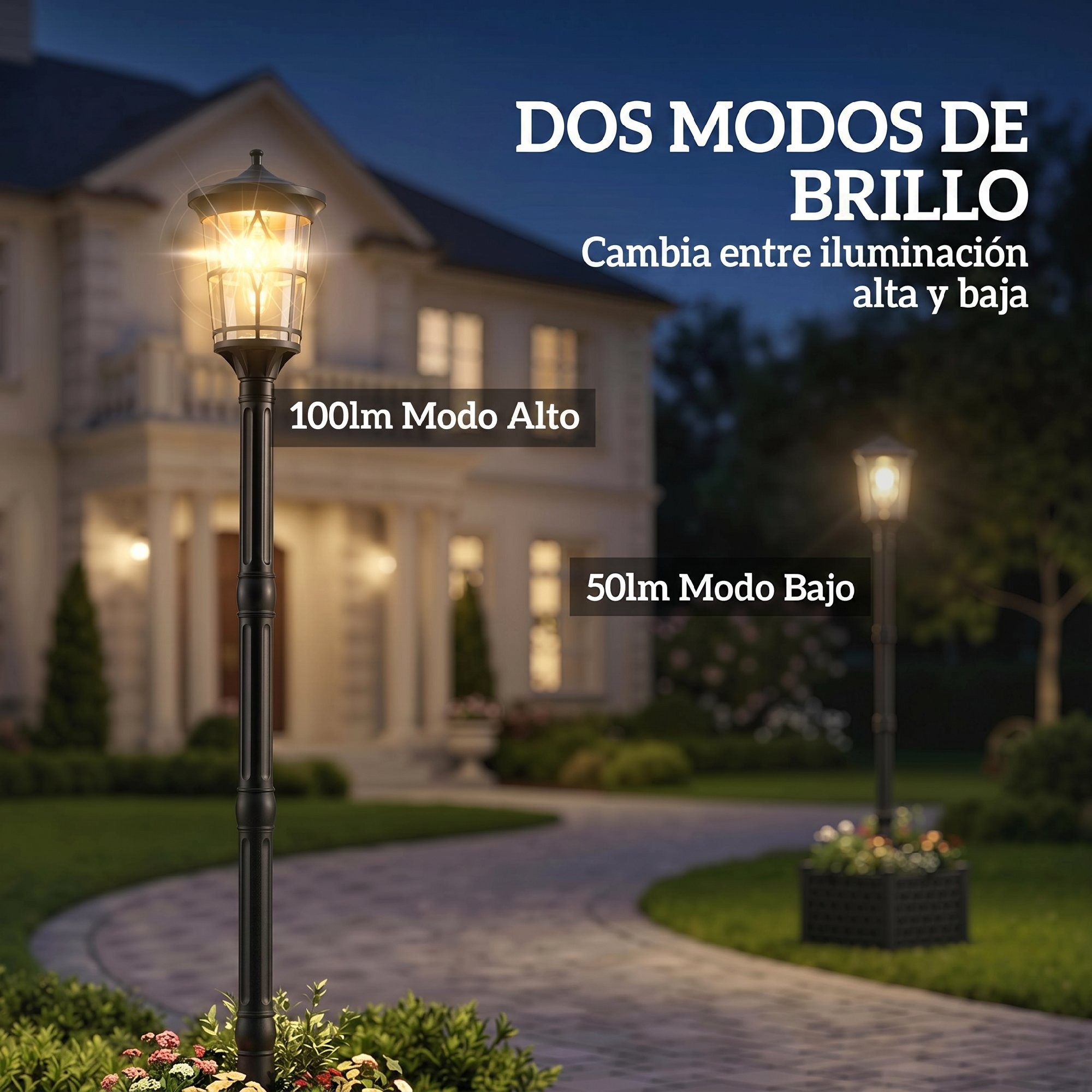 Una farola negra de exterior ilumina un camino pavimentado frente a una casa grande al atardecer.