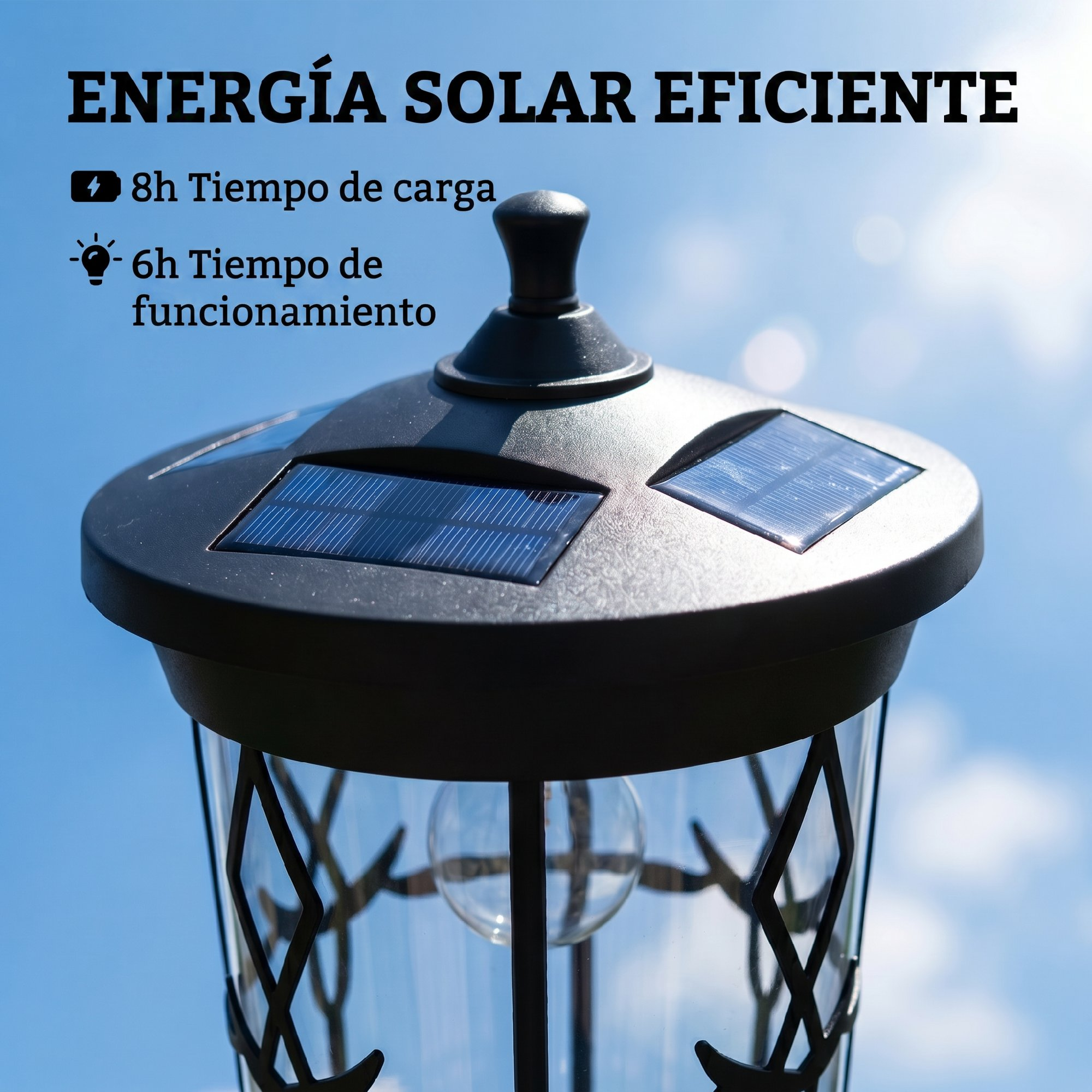 Lámpara solar con paneles en el techo y texto sobre cielo azul.