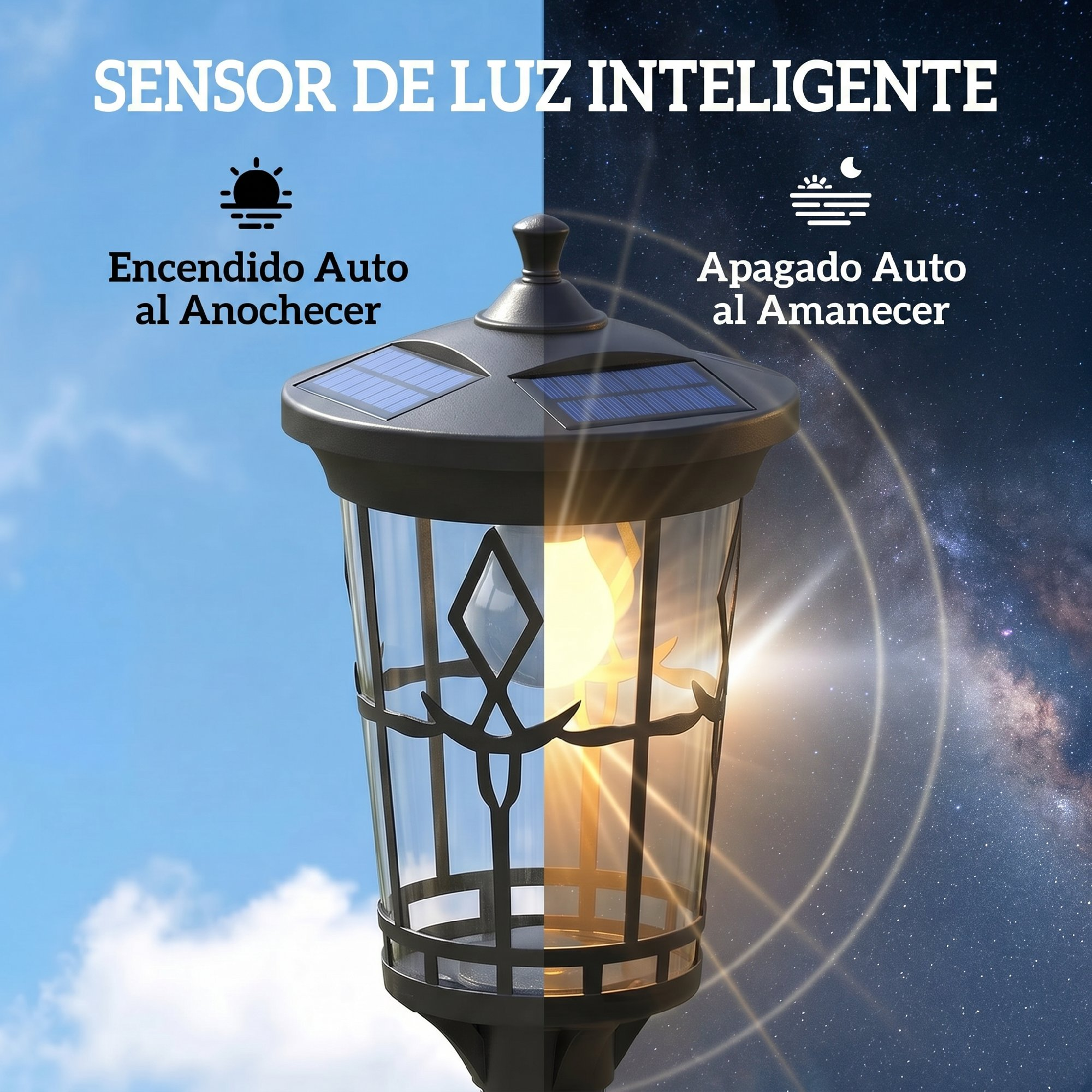 Farola solar con sensor de luz, cielo diurno a la izquierda y cielo nocturno estrellado a la derecha.