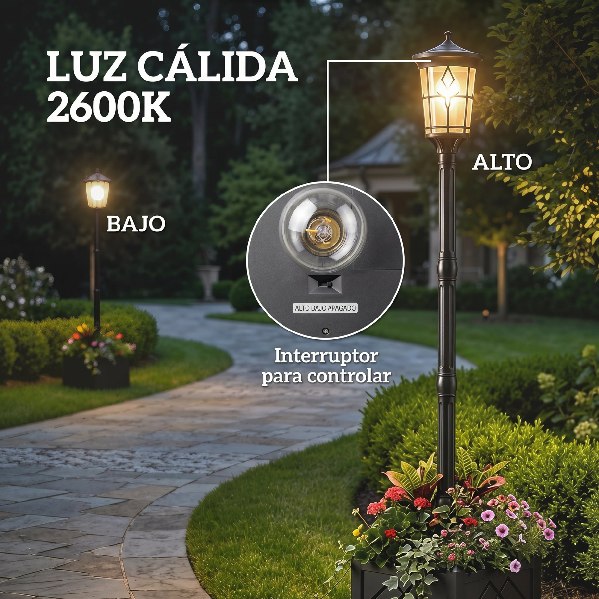 Farola de jardín con luz cálida, ajuste de altura y macetero.