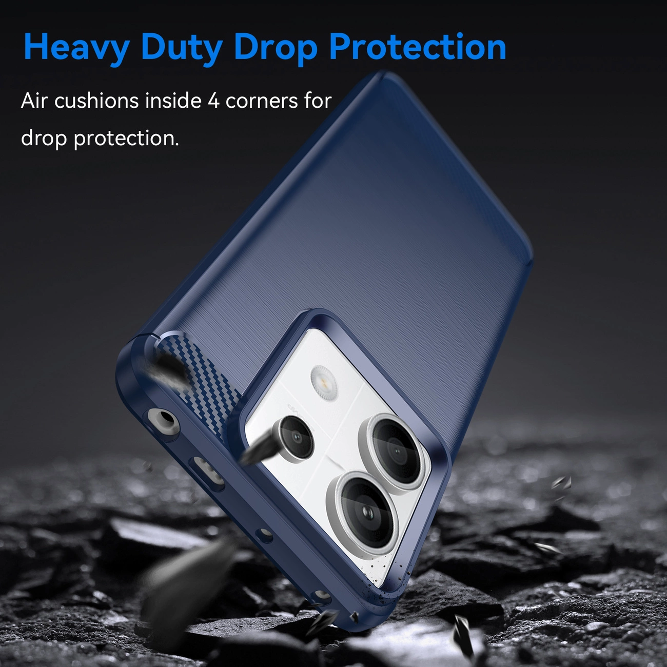 Custodia per smartphone blu con ritaglio fotocamera galleggia su rocce, testo in alto.
