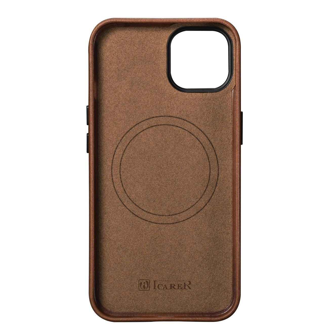 Custodia in pelle marrone con cerchio MagSafe e logo ICarer all'interno.