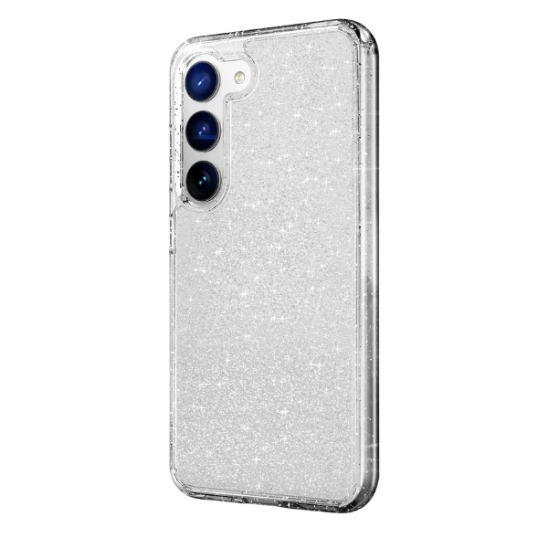 Gümüş rengi, parıltılı telefon kılıfı, beyaz arka planda dikey üç arka kameralı bir akıllı telefonu koruyor.