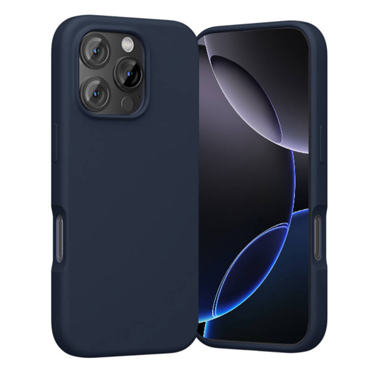 Custodia per smartphone blu scuro mostrata fronte e retro, con tripla fotocamera.