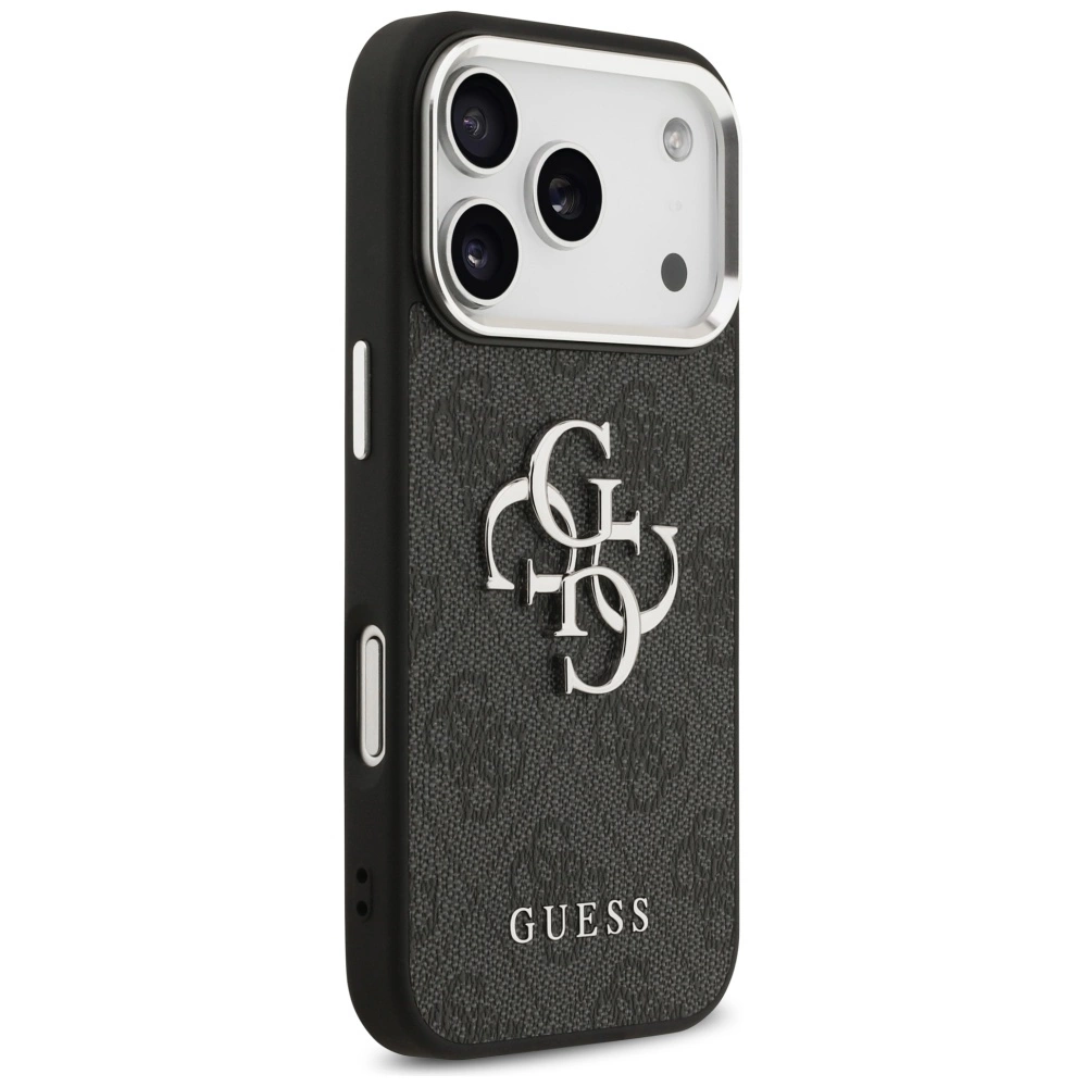 Custodia protettiva nera con logo Guess e cornice fotocamera argentata.