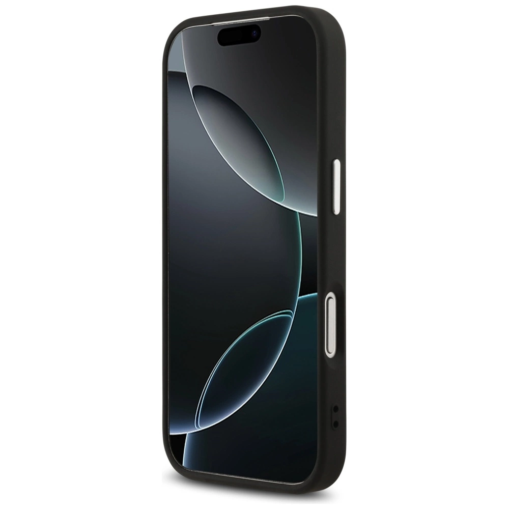 Uno smartphone nero in custodia nera con sfondo scuro astratto e pulsanti laterali.