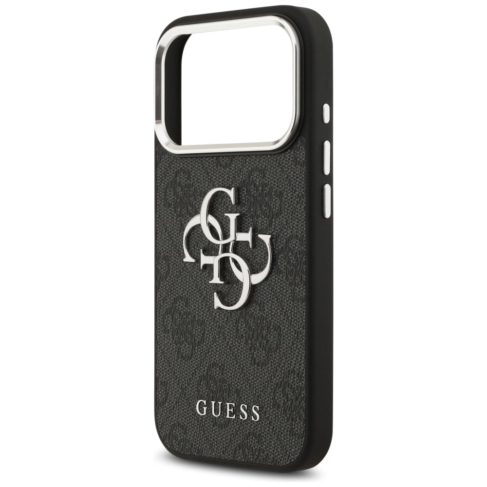 Custodia protettiva nera con motivo Guess e logo argentato su sfondo bianco.