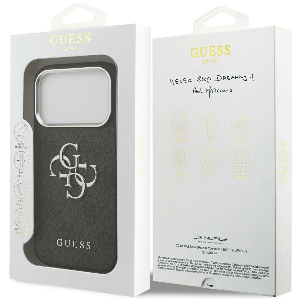 Fronte e retro di una confezione bianca con cover Guess nera e logo dorato.