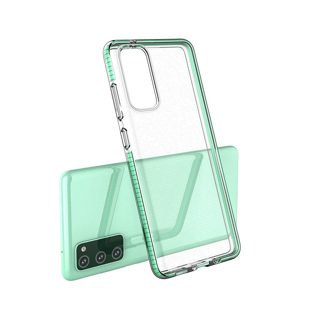 Uno smartphone verde menta con una custodia protettiva trasparente su sfondo bianco.