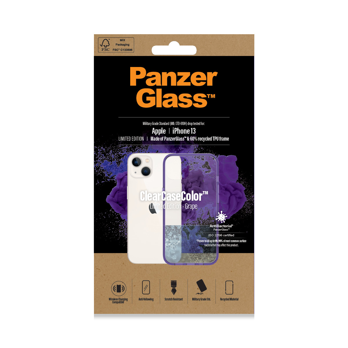 Confezione PanzerGlass per iPhone 13 ClearCaseColor in Uva, con icone delle caratteristiche.