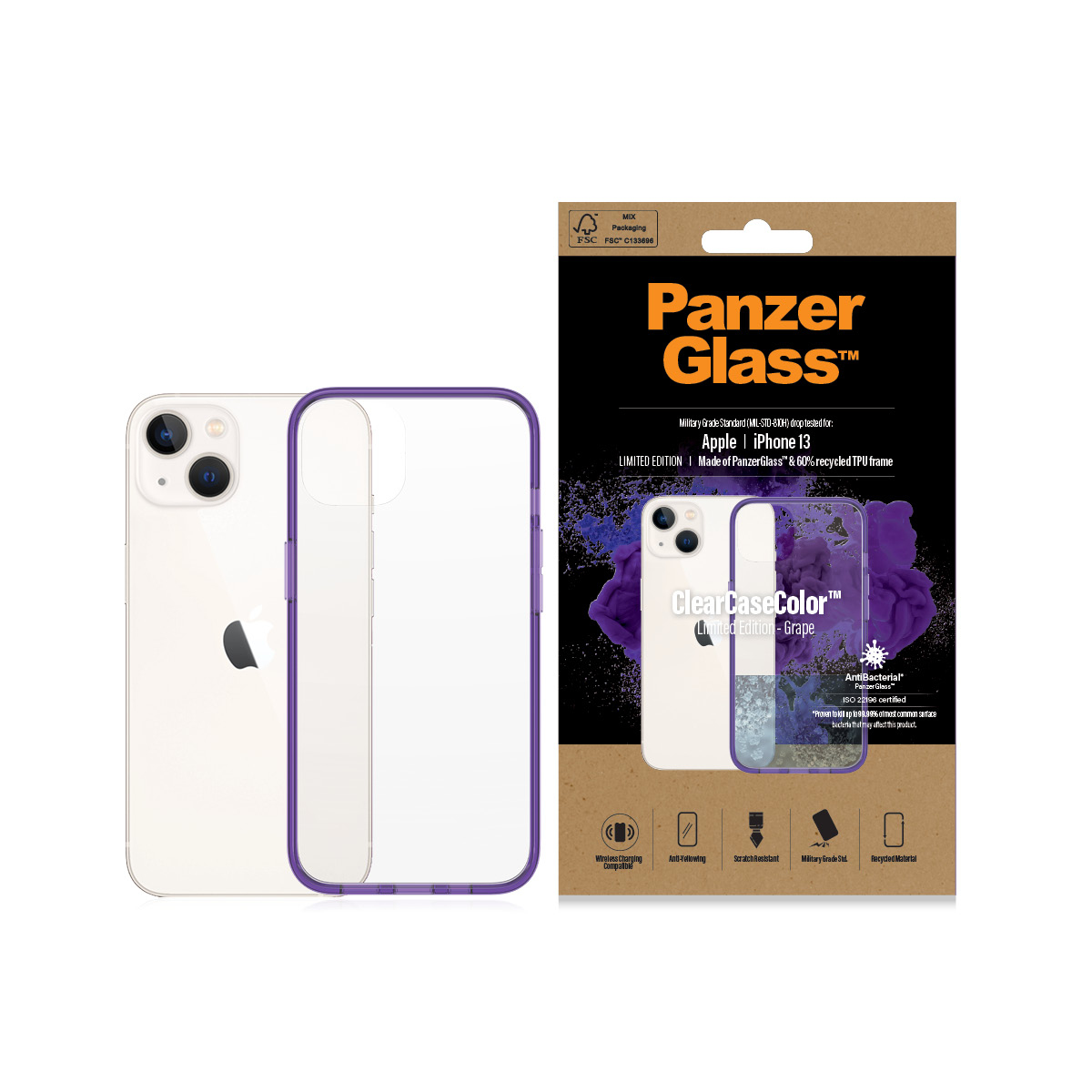 Custodia PanzerGlass per iPhone 13 color uva con confezione.