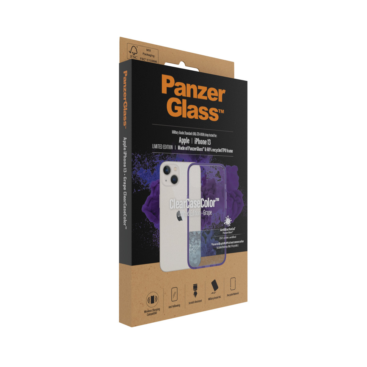 Confezione del prodotto PanzerGlass per Apple iPhone 13 ClearCaseColor in Grape su sfondo bianco.