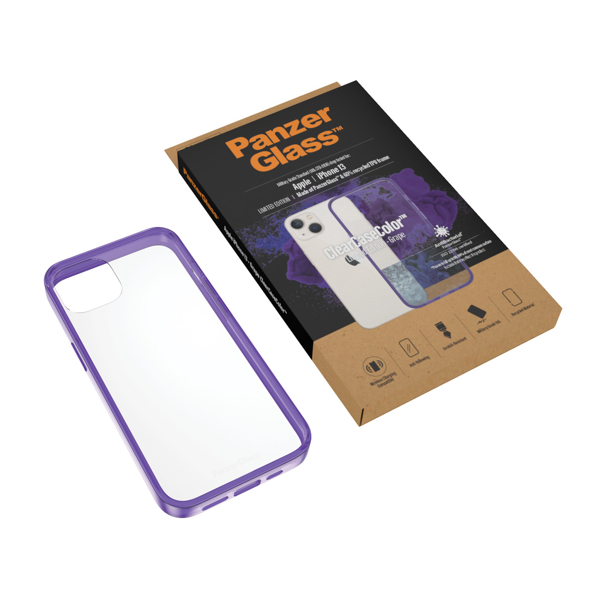 Custodia trasparente viola per iPhone 13 accanto alla confezione PanzerGlass su sfondo bianco.