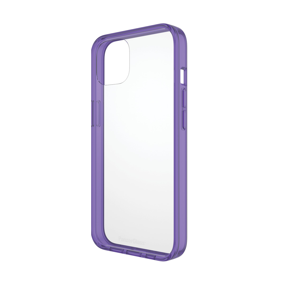 Custodia per smartphone viola trasparente su sfondo bianco, vista da un angolo.